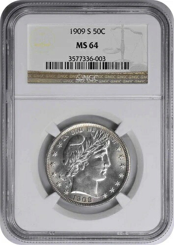 1909-S バーバー シルバー ハーフドル MS64 NGC