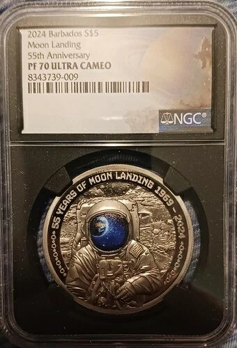2024年 バルバドス 月面着陸55周年記念 ブラックプルーフ 1オンス 銀貨 NGC PF 70 UCAM|WORLD RESOURCE【KING店】