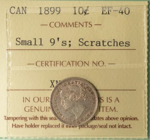 1899年カナダ銀貨10セント - ICCS EF-40 - シリアル番号 XNP 781