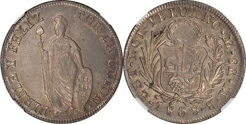 北ペルー 1838-MB（リマ）銀貨 8レアル NGC MS-61