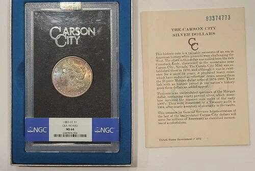 1883年CCモルガン銀貨GSAホードNGC MS64?モンスターレインボートーン+テキスタイル