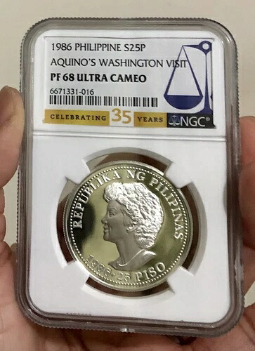 1986年 フィリピン アキノ ワシントン訪問 25 ピソ NGC PF68 UC シルバー プルーフ コイン