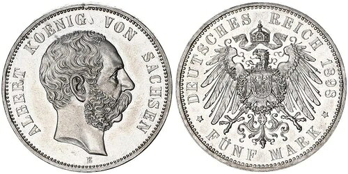 ザクセン 5マルク銀貨 1898年 Eアルバート ほぼ未使用、小型 Schr?tlingsf. 129189-