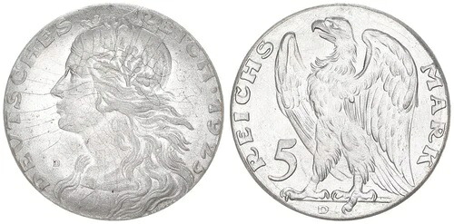 ワイマール 5 マーク 1925 D サンプルモチーフ シルバー VS および RS 新デザイン 92988-