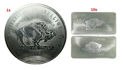 大型チタン地金 10 トロイオンス & 25 オンス ラウンド 10 個 (合計 125 オンス)