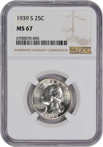 1939-S ワシントン銀貨 25セント MS67 NGC