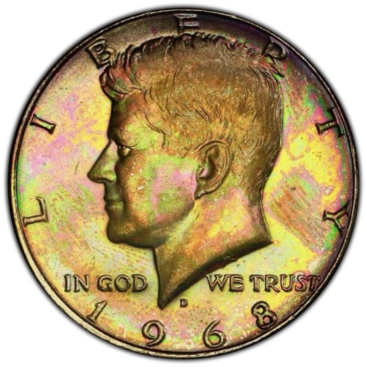 レインボートーン 1968-D JFK ケネディ ハーフダラー PCGS MS62 素晴らしいカラートーン 319,770円