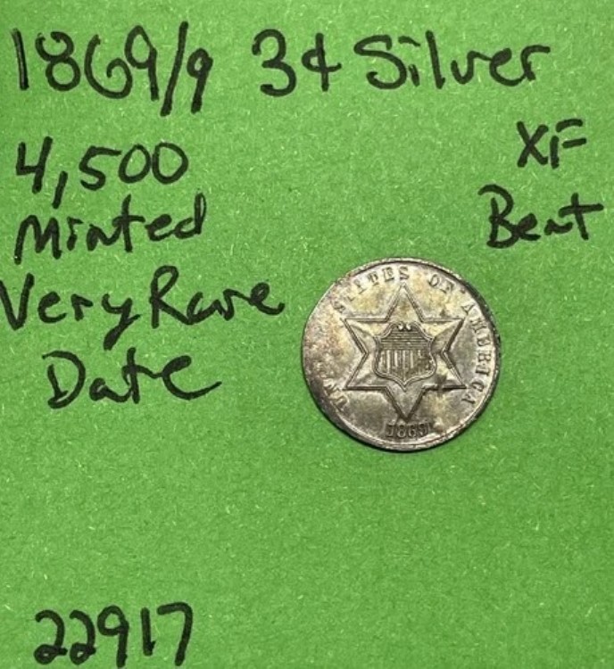 1869年 9/9 3セント銀貨 3c Xf 極細ベント 非常に希少 発行年 4,500枚