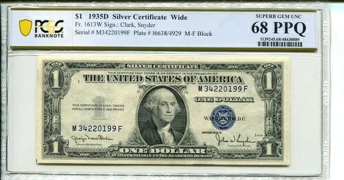 FR 1613W WIDE 1935D $1 銀貨証明書 68 PPQ 極上宝石 未流通｜WORLD RESOURCE【KING店】 320,265円