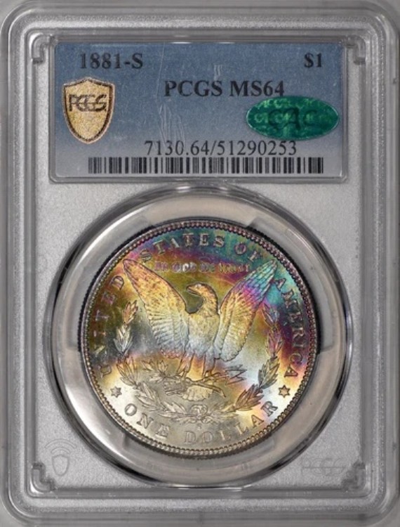 1881-S モーガン銀貨 $1 PCGS MS64 CAC - 裏面はレインボー!