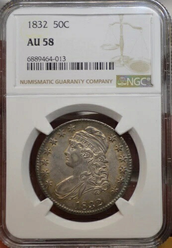 1832 年 キャップド バスト ハーフ ドル、NGC AU58、非常に優れた AU、美しい色調!
