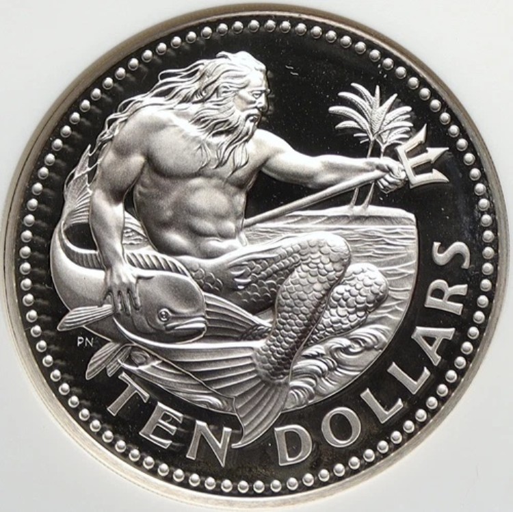 1975年 バルバドス 巨大オールド 純正プルーフ銀貨 10ドル ネプチューン NGC i106363