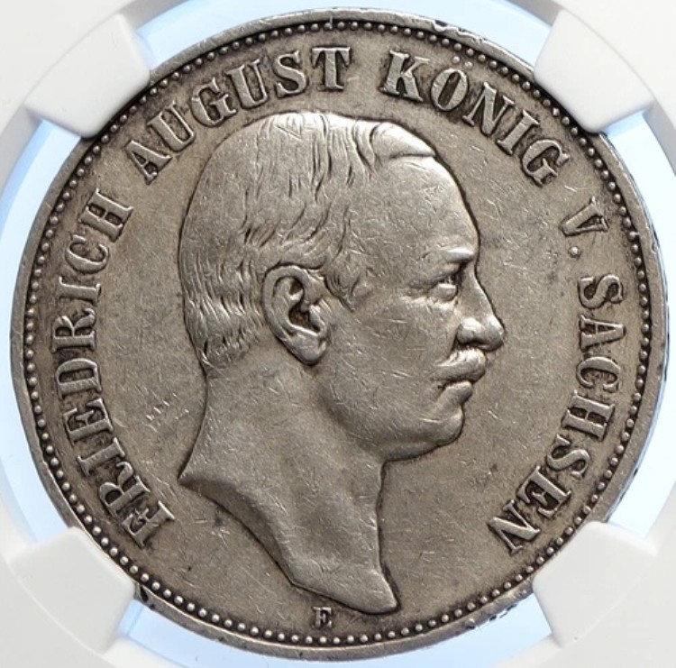1908年 東ドイツ諸州 ザクセン王フリードリヒ・アウグスト 5マルク銀貨 NGC i106592
