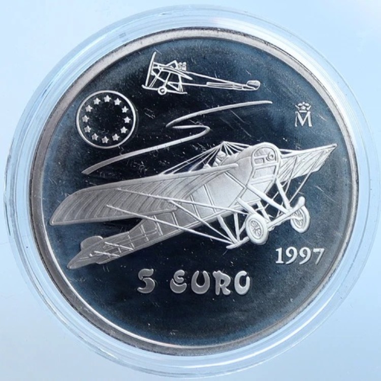 1997年 スペイン フアン・カルロス1世 ニューポール 飛行機 第一次世界大戦 プルーフ 銀貨 5ユーロ i114636|WORLD RESOURCE【KING店】