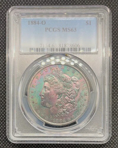 1884年 O $1 モルガン銀貨 PCGS MS63 レインボーテキスタイルトーン / カラー