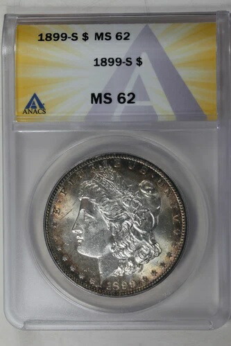 1899-S $1 ANACS MS62 モルガン銀貨、ミス リバティ ヘッド ダラー。