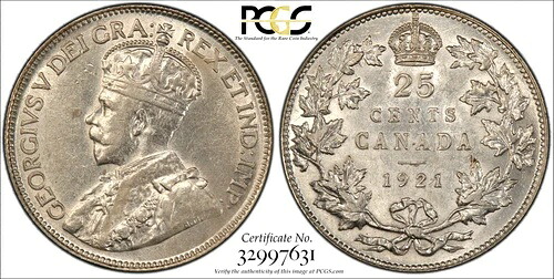 1921年カナダ25セント硬貨 - チョイスアバウトアンサーキュレイテッド、PCGS AU55
