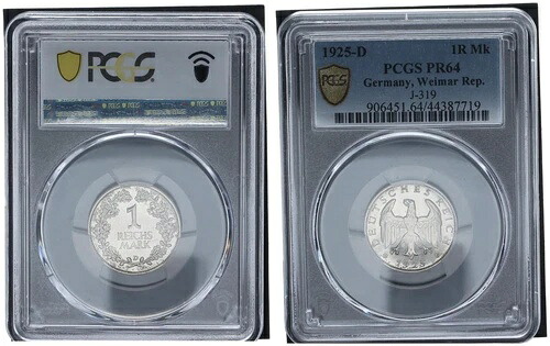 ワイマール 1 マーク J.319 1925 D PCGS認定プルーフ PCGS PR64 86521|WORLD RESOURCE【KING店】