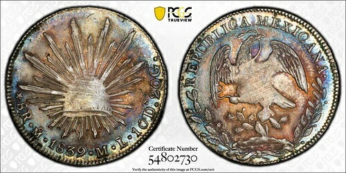 1839年、メキシコ（第一共和国）。8レアル銀貨。レインボートーン！PCGS MS-61！｜WORLD RESOURCE【KING店】