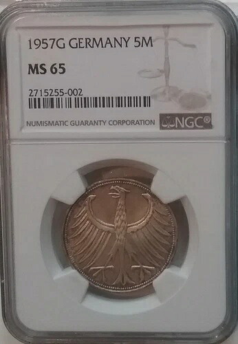1957G ドイツ シルバー 5M 5 マーク NGC スラブ MS65 - 既知最高品質 - 1/2 トップポップ!｜WORLD RESOURCE【KING店】 325,710円