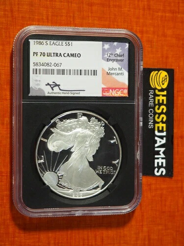 1986年 Sプルーフ シルバーイーグル NGC PF70 ウルトラカメオ ジョン・マーカンティ サイン入り ブラックコア｜WORLD RESOURCE【KING店】