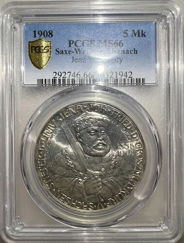 1908年、ザクセン＝ワイマール＝アイゼナハ。シルバー 5 マーク イエナ大学コイン MS66