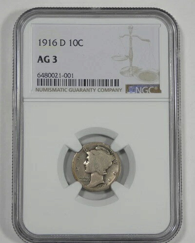 1916-D マーキュリー銀貨 10セント硬貨 NGC AG 3 認定 ~ シリーズの重要な日付 314,820円