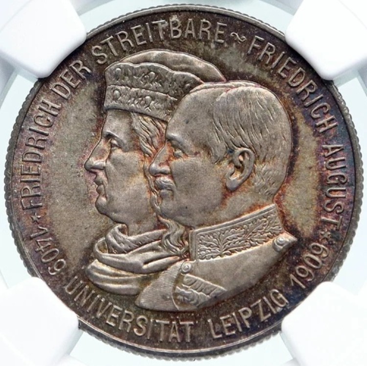 1909年 ドイツ連邦共和国 ザクセン フリードリヒ・アウグスト3世 2Mk 銀貨 NGC i86942｜WORLD RESOURCE【KING店】