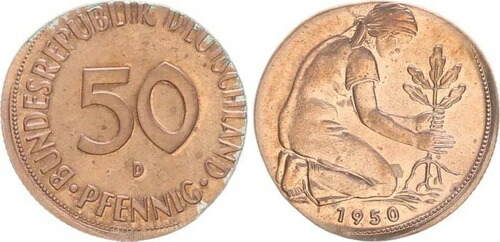 50 Pfennig 1950 D On Kupferpl。磁石。 1冊ロンド 2 G ミントステート