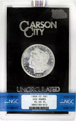 1884-CC モルガン銀貨 GSA ホード NGC MS65PL 箱と品質証明書付き
