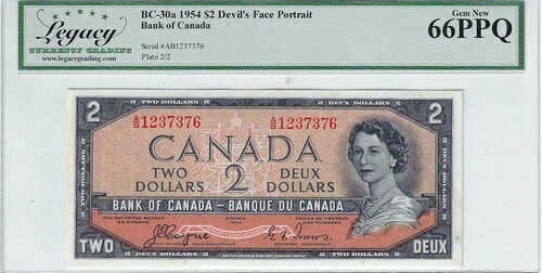 1954 BOC $2 デビルズフェイスノート BC-30a、シリアル番号 A/B 1237376 Coy/Tow LEGACY 66 PPQ｜WORLD RESOURCE【KING店】