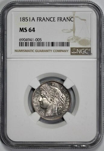 1851-A フランス 銀貨 フラン NGC MS 64