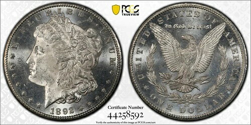 1892-CC $1 PCGS MS63 モルガン銀貨 - CAC - PCGSゴールドシールドホルダー
