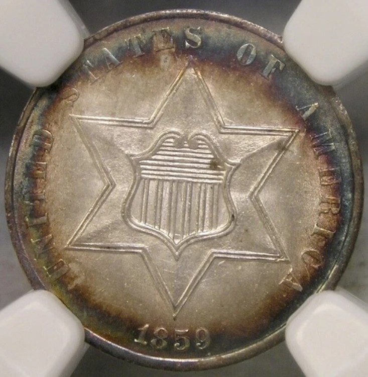 1859年 3セント銀貨 希少 ゴージャス フルレインボー NGC MS 66 ?? スター PQ ジェム