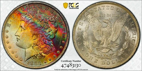 1883-O ジェム レインボー モルガン ドル PCGS MS66 CAC~ゴージャスな表面レインボートーン*