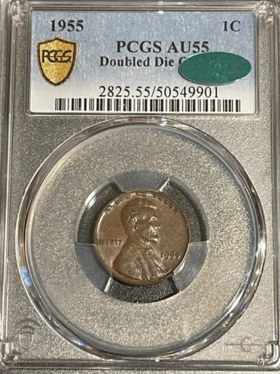 1955年 ダブルダイ リンカーンセント、チョイス ほぼ未使用、PCGS/CAC AU-55