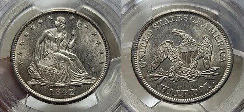 1842年 P ミディアムデイト シーテッド リバティ ハーフドル 50セント PCGS MS 63