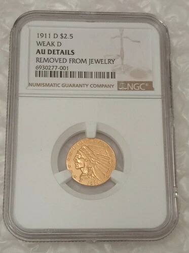 米国2.5ドル、2.5ドル、金インディアンヘッド。1911-D。ウィークD。AU...