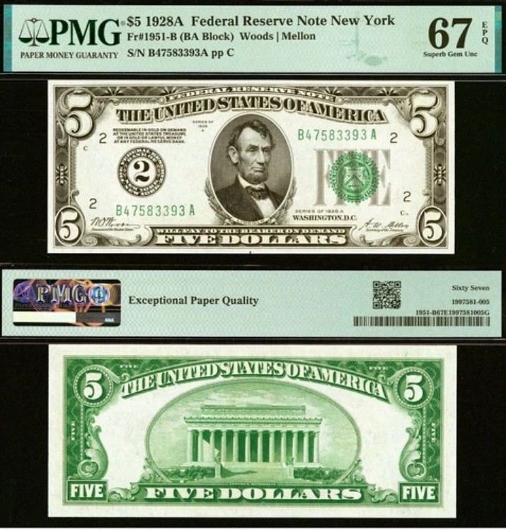 1928A $5 FRN - PMG 67EPQ - トップポップ - 最高グレードのニューヨークFr 1951-B｜WORLD RESOURCE【KING店】