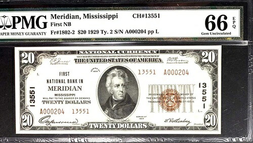 1929 $20 FR 1802-2 憲章番号 13551 ファースト NB メリディアン、MS.PMG 66EPQ 22 報告.g