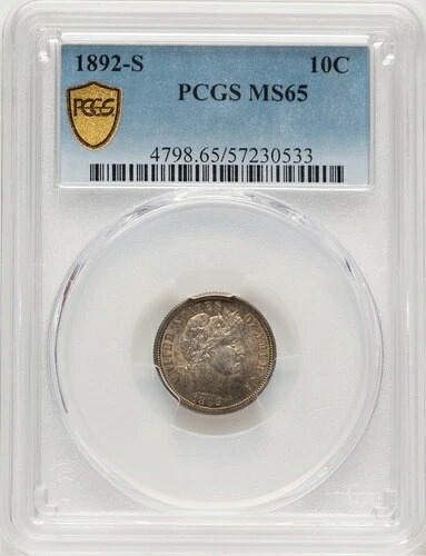 1892-S 10セントバーバーダイム PCGS MS65
