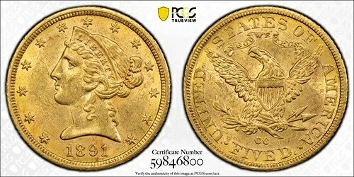 1891-CC 5ドル金貨 PCGS MS61 米国リバティヘッドハーフイーグル