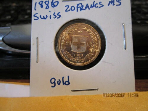 1886年スイス20フラン金貨造幣局状態+++++