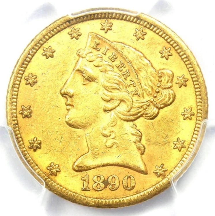 1890-CC リバティ ゴールド ハーフ イーグル 5 ドル コイン - PCGS AU58 認定 - 3,850 ドル相当!