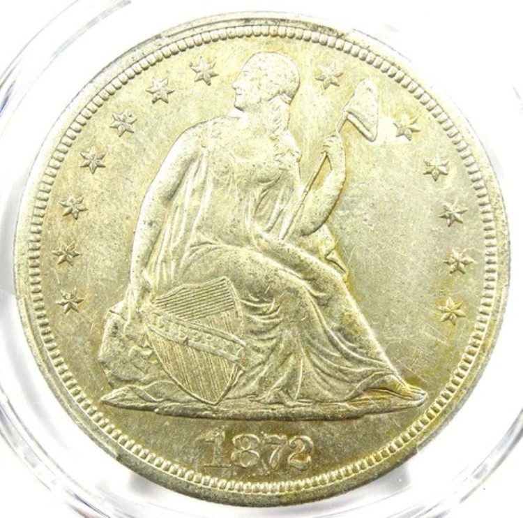 1872-S 着席リバティ シルバー ダラー コイン $1 - PCGS AU 詳細 - 希少 S ミント!