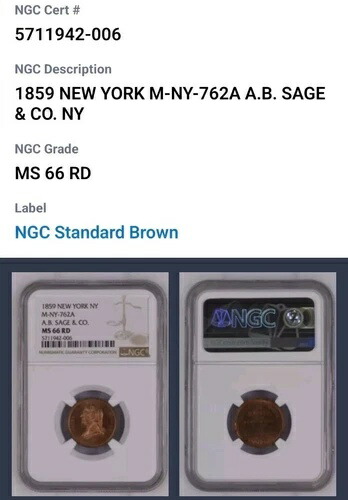 1859年 NY A B Sage ラッフルトークン NGC MS 66 レッド POP 1枚。M-NY-762A。素晴らしいCB1158|WORLD RESOURCE【KING店】
