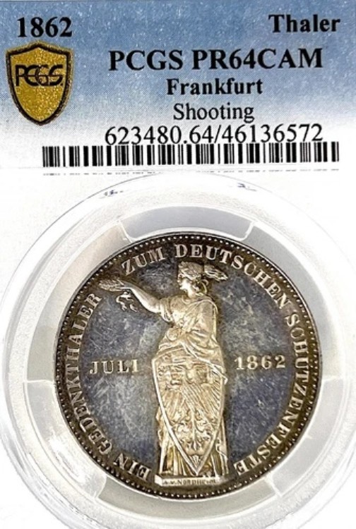 ドイツ連邦共和国フランクフルト 1862年 射撃ターラー貨幣 ターラー PCGS PR 64 CAM PROOF PP 904,750円