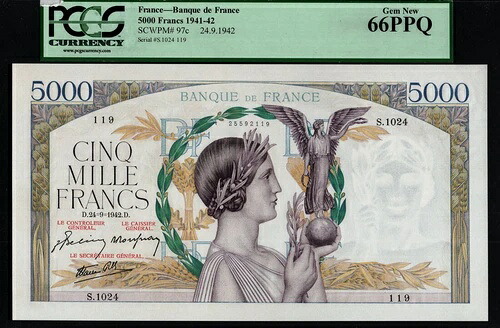 TT PK 97c 1941-42 フランス 5000フラン PCGS 66 PPQ ジェム 新品 ステラノート これ以上良いものはない｜WORLD RESOURCE【KING店】