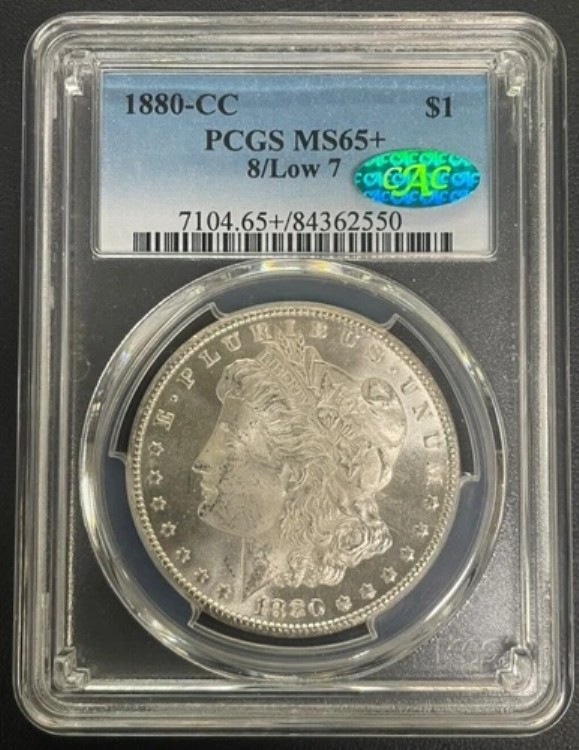 1880-CC 8/Low 7 モルガン銀貨 PCGS MS-65+ CAC、高品位キーデートコイン｜WORLD RESOURCE【KING店】