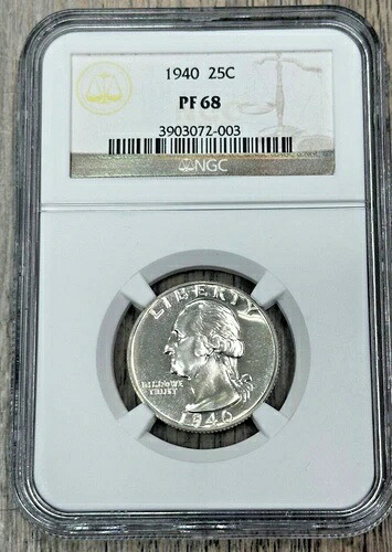 1940年 プルーフ ワシントン シルバー クォーター 25セント NGC PF-68、スーパーブ ウルトラ ジェム プルーフ 951,335円